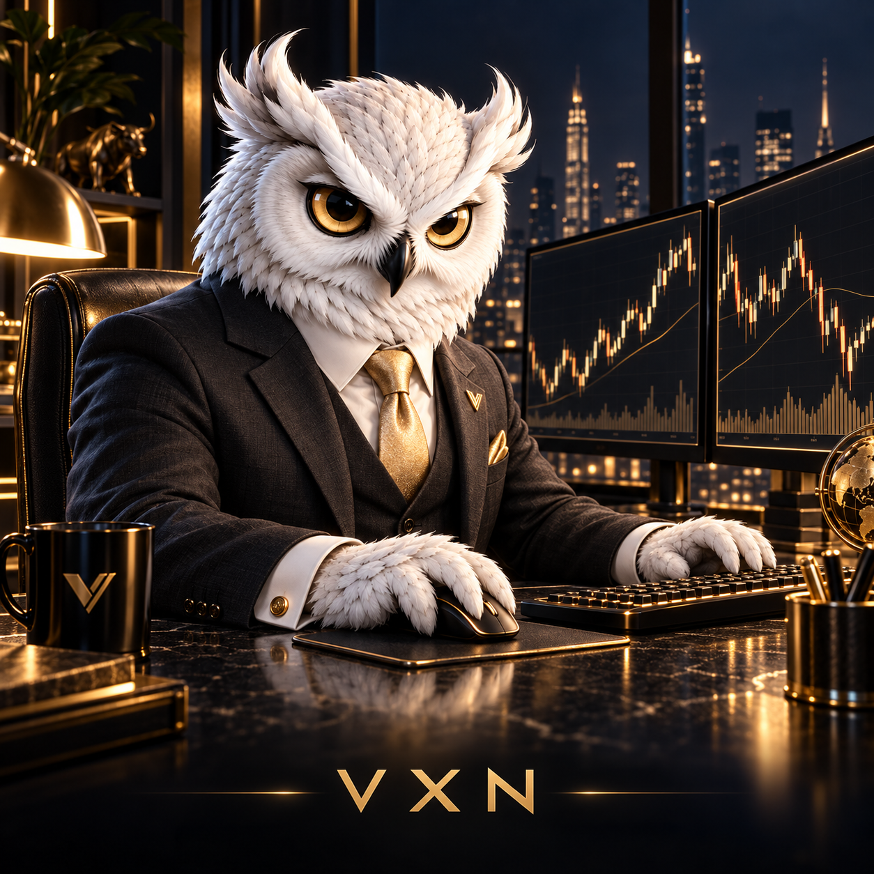 A white owl in a dark suit and gold tie at a trading desk with two candlestick charts, VXN on the desk
