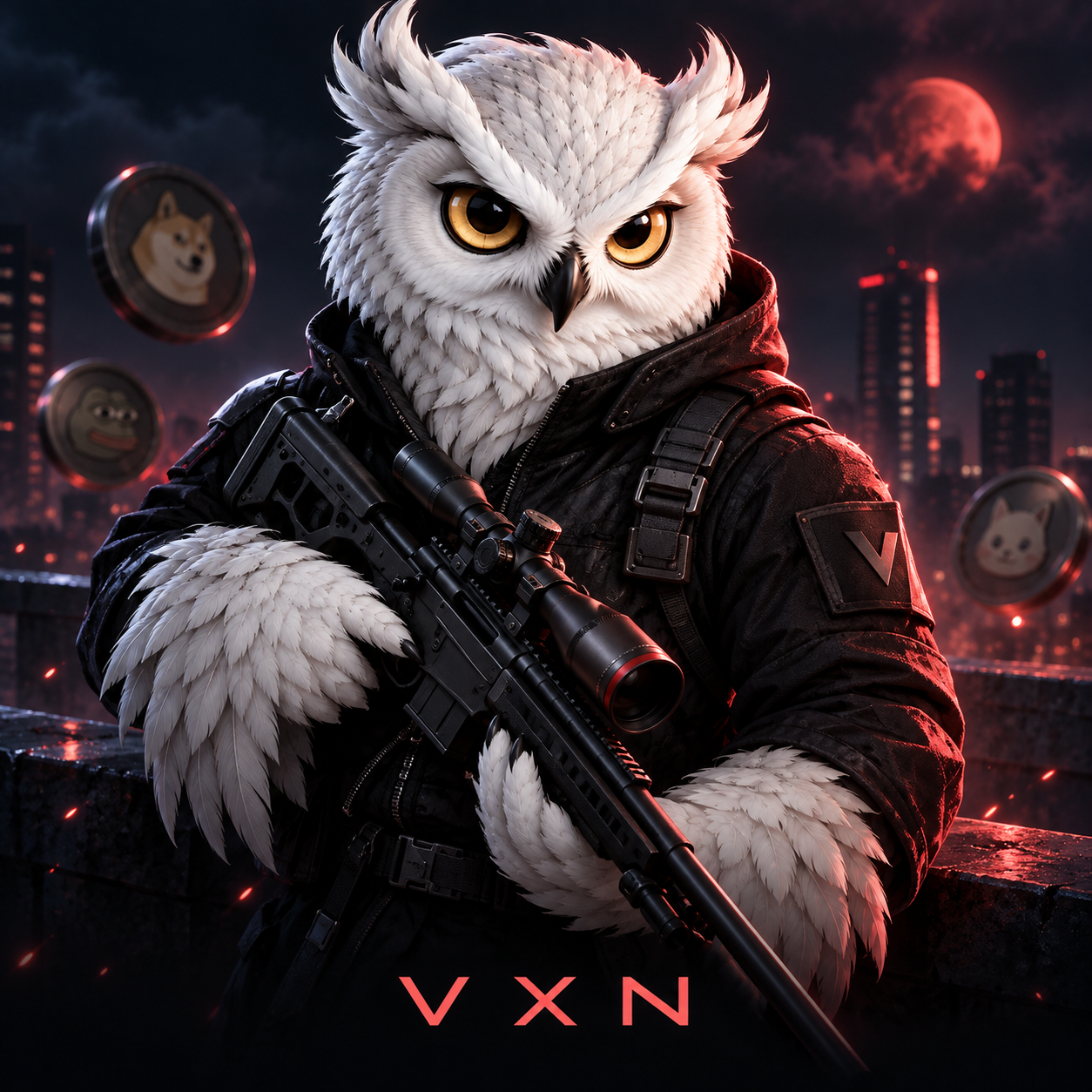 A white owl in a black tactical jacket holding a scoped rifle on a rooftop under a red moon, meme coins floating nearby, VXN in red