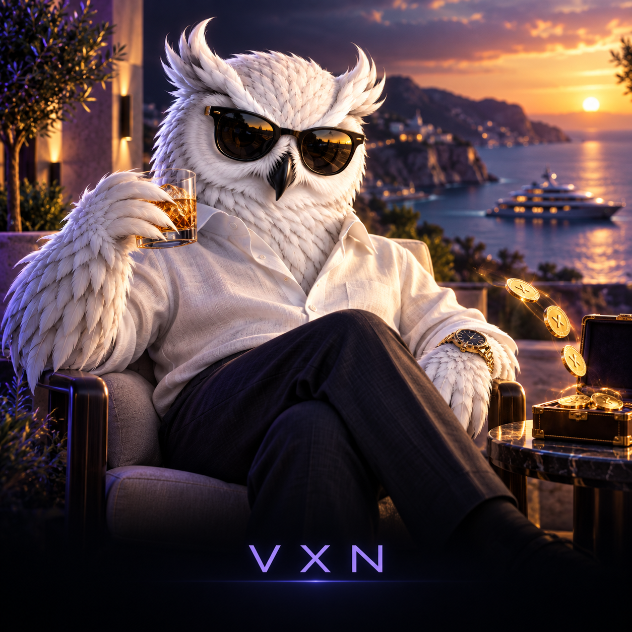 A white owl in sunglasses and a white shirt relaxing on a terrace at sunset, sea and a yacht behind, VXN in purple